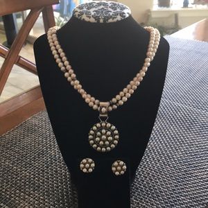 Zuni sterling silver pearl necklace and earrings